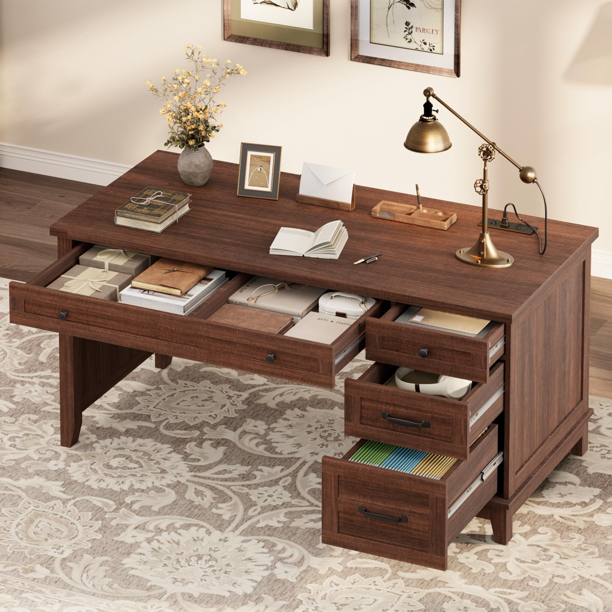 Ataucjin Farmhouse Executive Desk with Drawers,Home Office Desk with Charging Station,53.54" Wooden Computer Writing Desk with File Cabinet Storage for Work Study Writing