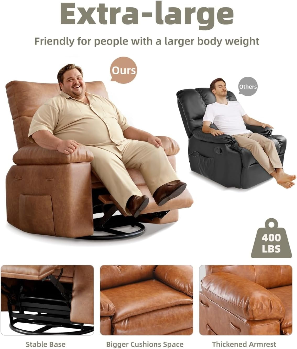 Oversized Recliner Chairs with Massage and Heat - 360° Swivel Lazy Rocking Chair for Adults with Remote Control for Living Rooms, Bedrooms and Nurseries - Coffee