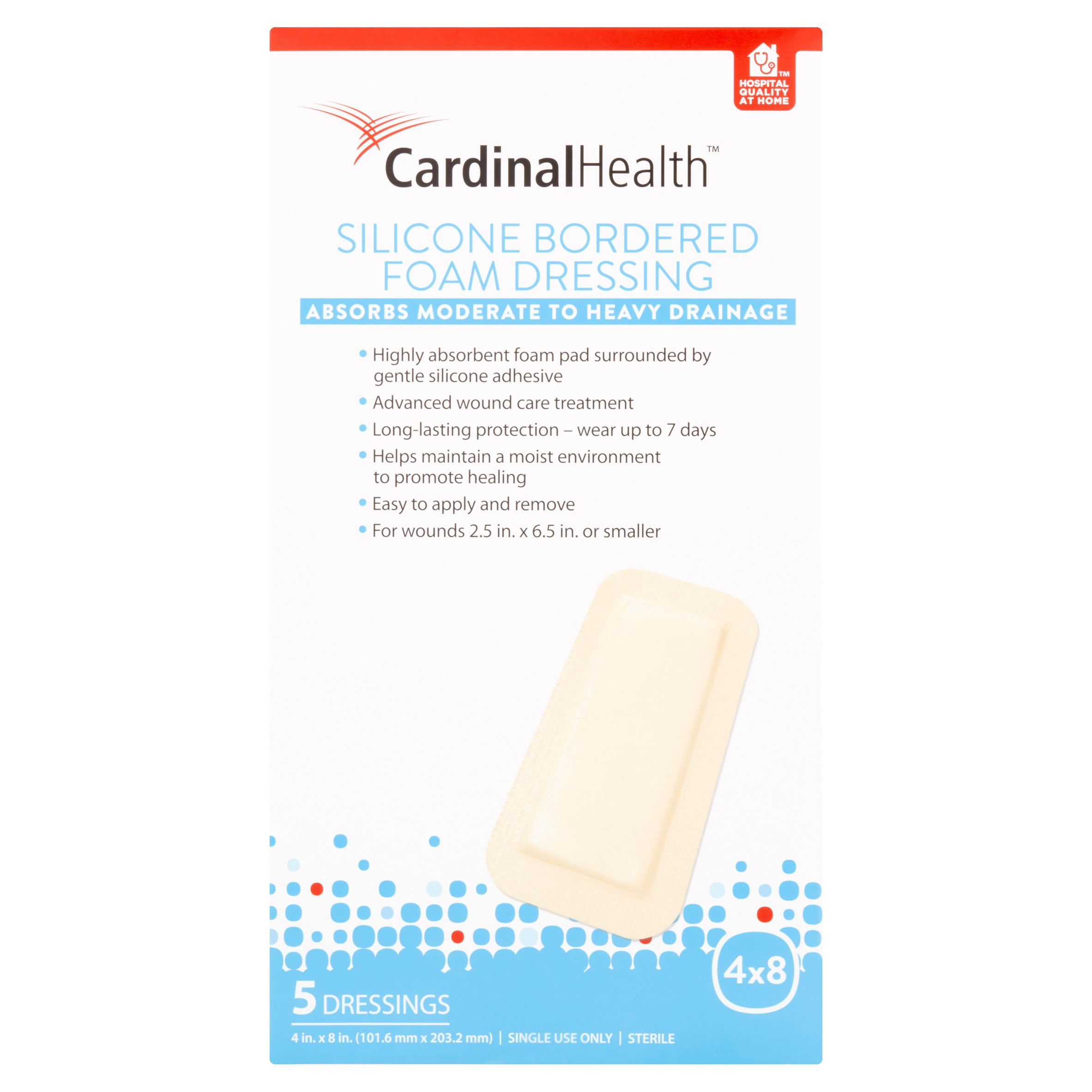 Cardinal Health 4x8 Silicone Bordered Foam Dressing, 5 count