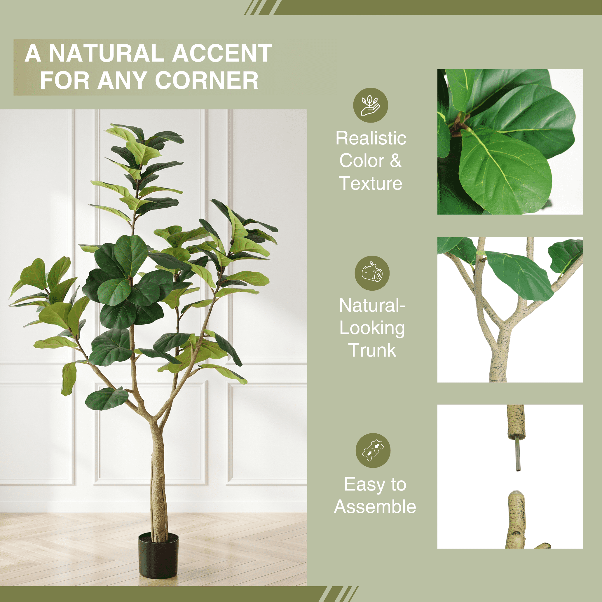 6FT Artificial Fiddle Leaf Fig Tree with White Planter Pot,Leaves Lifelike Fake Indoor Plant for Home Office Living Room Decoration