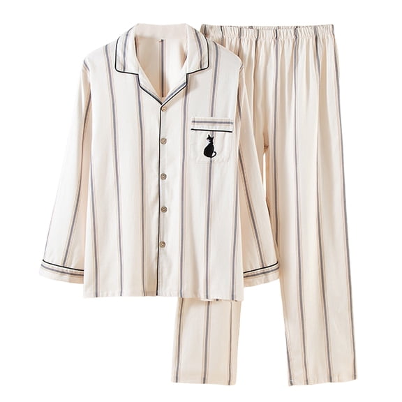 DHFJKG Mens Pajamas Set Lightweight Striped Loungewear Long Sleeve Turndown Collar Button Up Top Loose Fit Bottoms 2 Piece Sleepwear Leisure Home Clothes