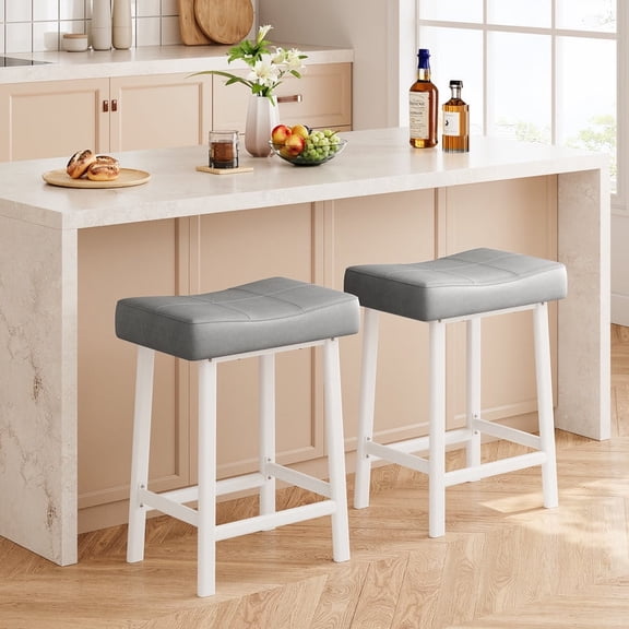 Height Black Bar Stools Set of 2 for Kitchen Counter Farmhouse Modern Barstools with Faux Leather Upholstered Backless Seat and Steel Legs 24 inch Bar Chairs