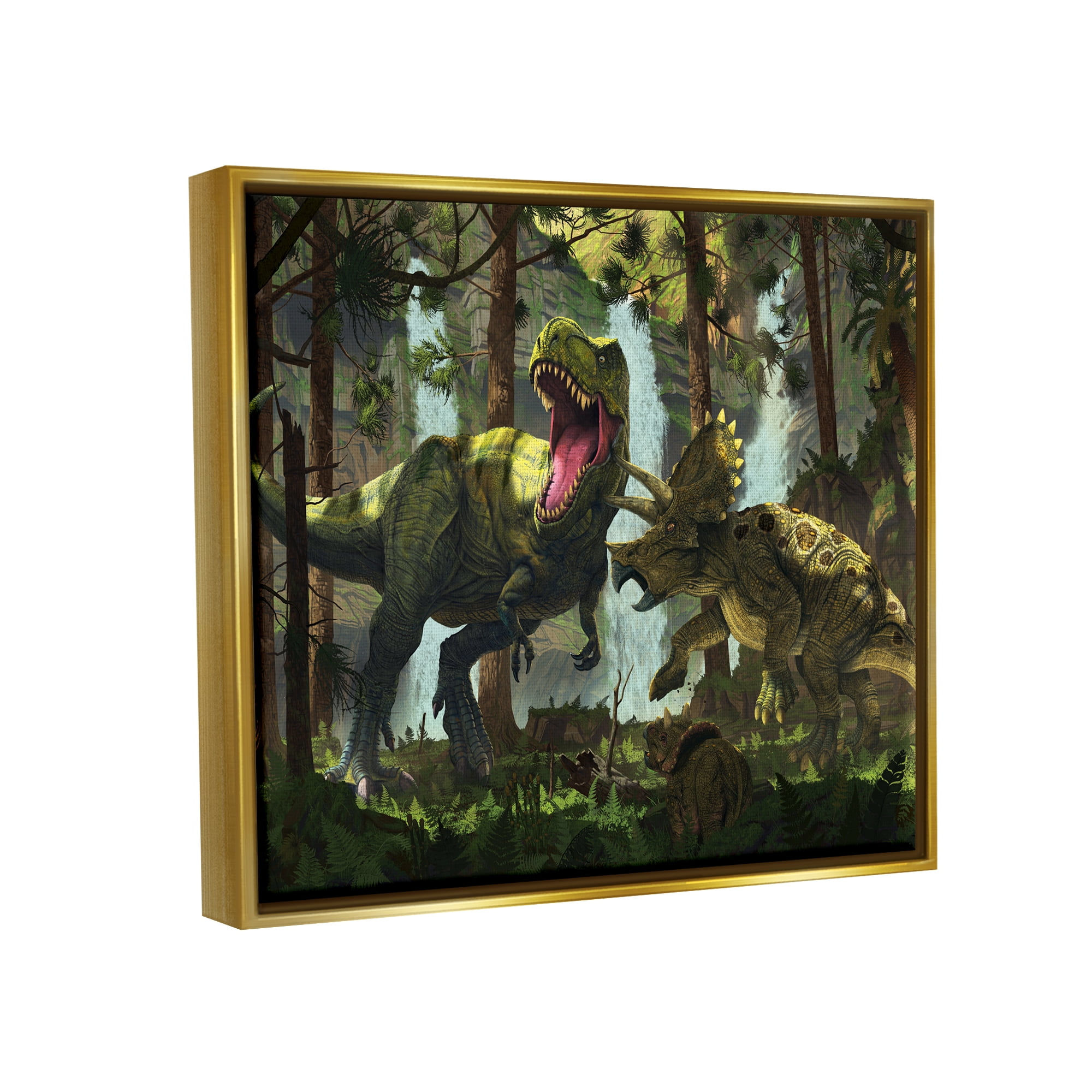 Stupell Industries Protection Dinosaurs Landscape Animals & Insects Painting Gold Floater Framed Canvas Art Print Wall Art, 21 x 17