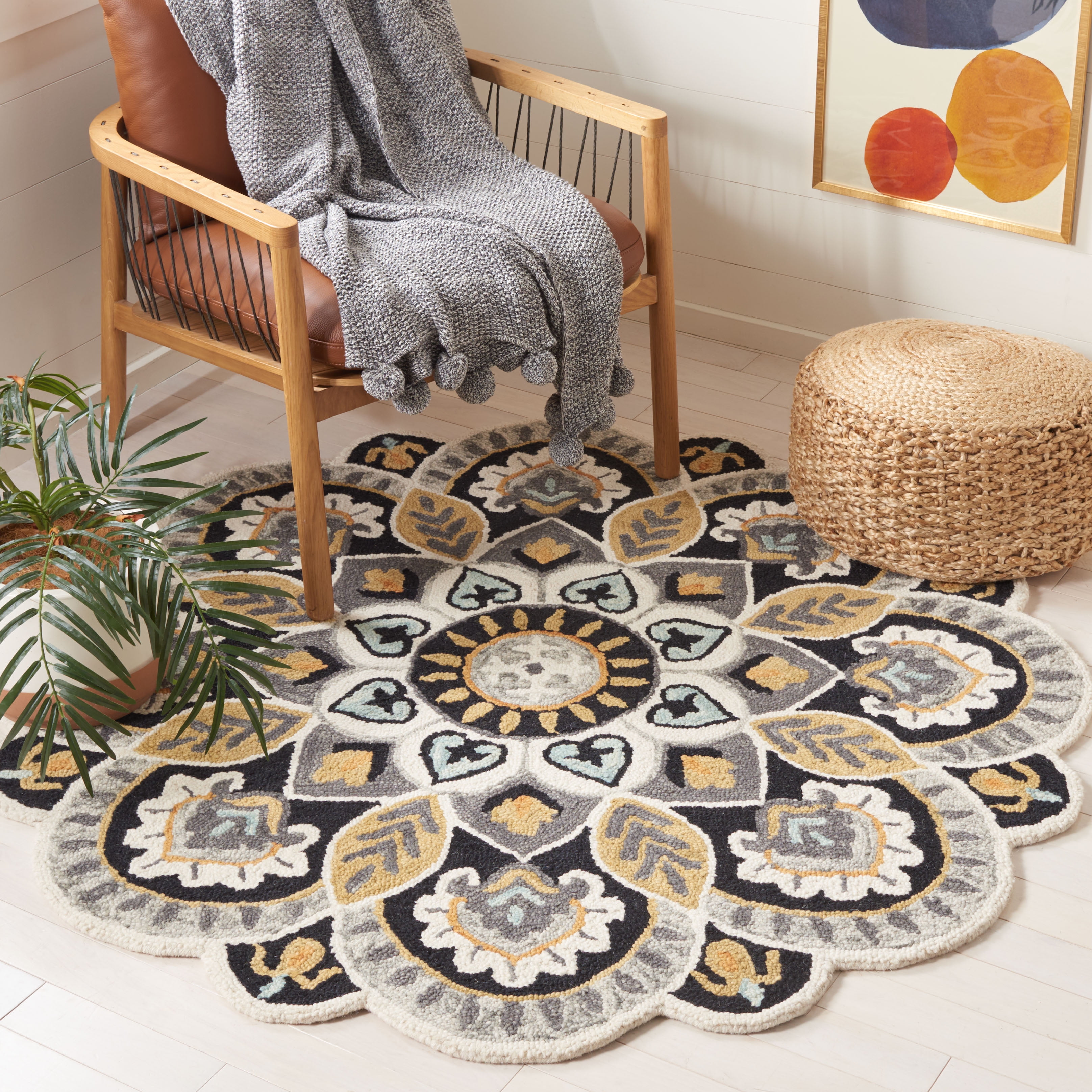 SAFAVIEH Novelty Mordikai Floral Area Rug, Ivory/Black, 10' x 10' Round