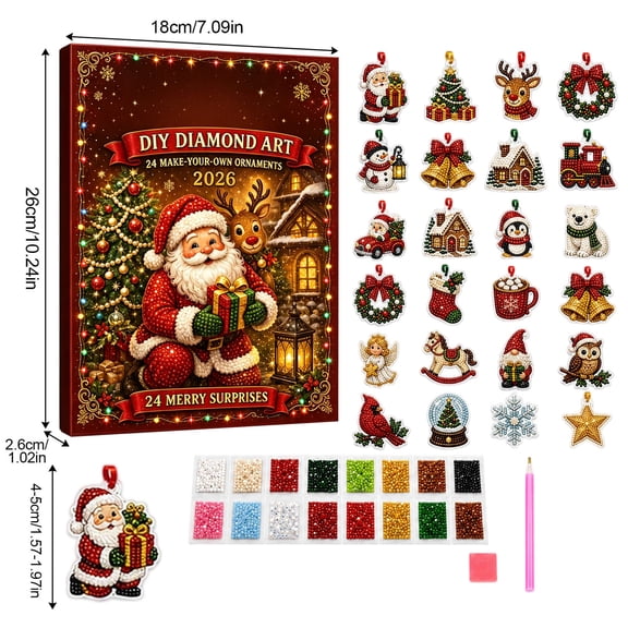 2026 Christmas DIY Diamond Painting Advent Calendar, 24pcs Handmade Hanging Ornament Countdown Kit for Xmas Home Decor Holiday Gift