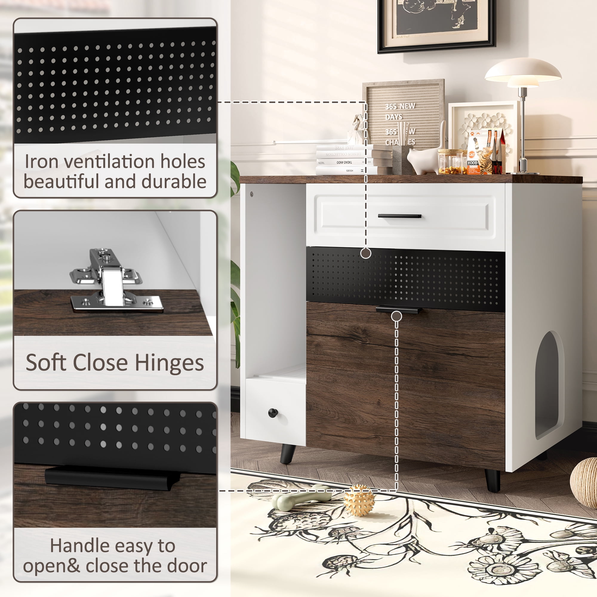 Euroco Multifunctional Cat Litter Box Enclosure Furniture with Storage Drawers, Drop-Down Door & Grooved Grille – Hidden Litter Cabinet for Cats, Side Table Style