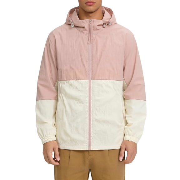 GUZOM Mens Windbreaker Jacket Pink Colorblock Nylon Lightweight Water Resistant Hooded with Pockets,Size S