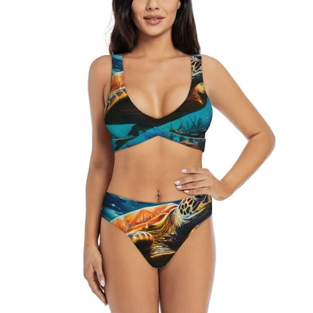Zeuib Colorful Flower Sea Turtle High Waisted Tummy Control Bikini Set - Knot Front Push Up Top & Cheeky Thong Bottom  Two-Piece Swimsuit for Women-Medium