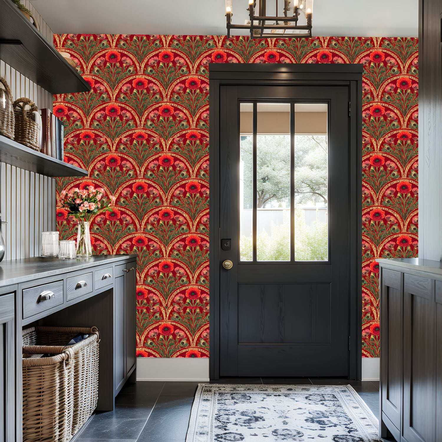 Peel and Stick Wallpaper Vibrant Floral Art Nouveau Rich Red Gold Accents Wall Mural 17.7in x 9.8ft Self Adhesive Removable Wall Paper Renter Friendly Wallpaper for Bedroom Livingroom Office