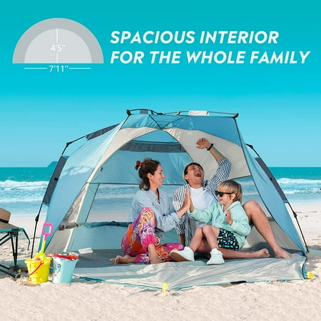 OutdoorMaster Pop Up Beach Tent for 4 Person - Easy Setup and Portable Beach Shade Sun Shelter Canopy with UPF 50  UV Protection Removable Skylight Family Size - Light Blue Gray