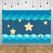 Hanging Stars with Clouds Backdrop Banner for Kids Paper Cut Style Twinkle Little Star Blue Ocean Waves Nursery Room Wall Decor Background Boy Girl Newborn Birthday Party Decorations