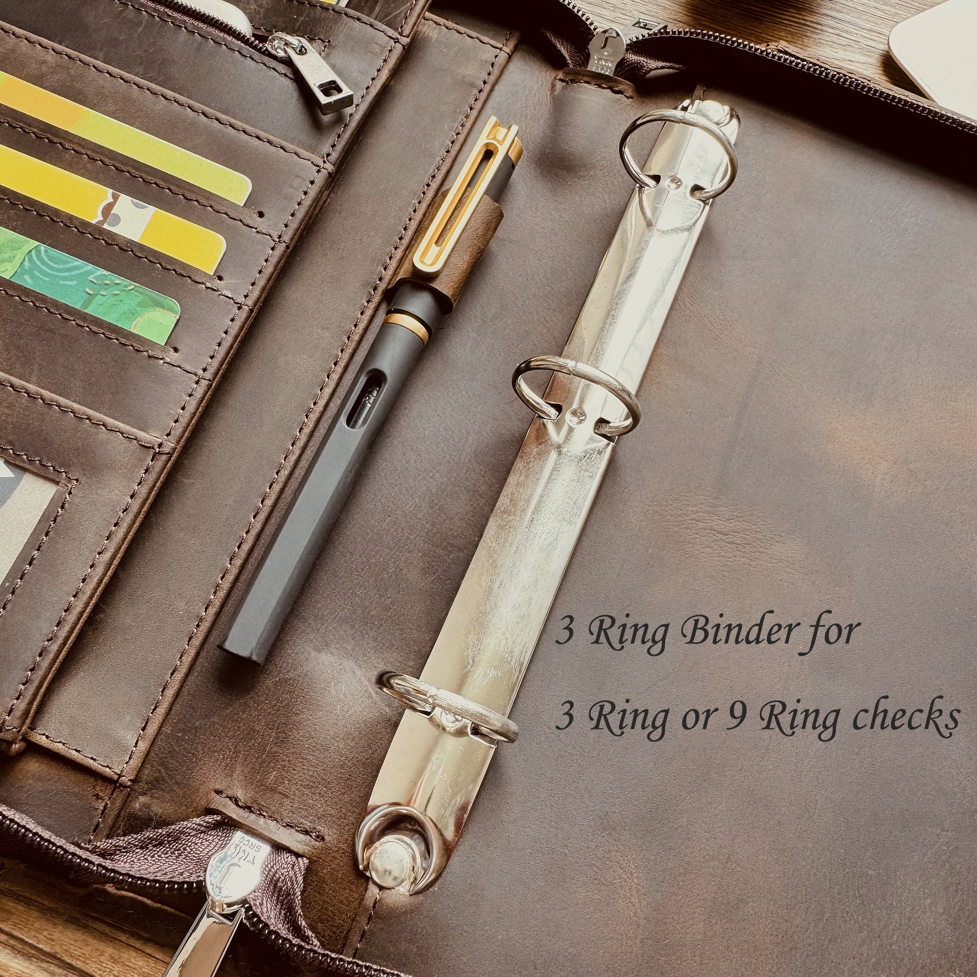 Business 3 Ring Check Binder, Genuine Leather Check Book Portfolio for 3 Holes or 9 Holes Checks, Check Book Binder for 11 1/4"x9", Crazy Horse Leather (Dark Khaki)