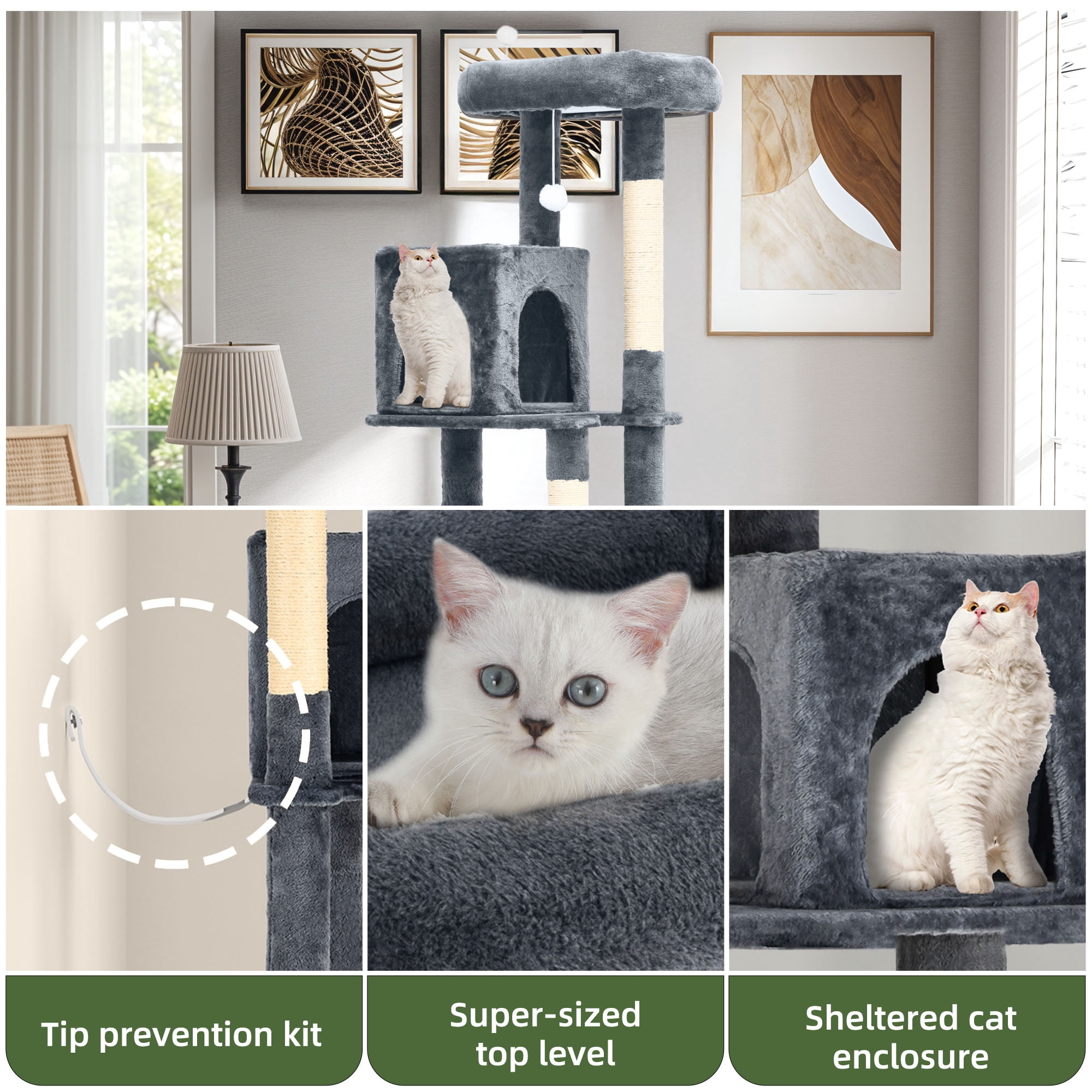 Uforic 70.8"Cat Tree Tower for Indoor Cats,Multi Level Play Tower Condo  with Scratching Posts&Cozy Basket, Dark Gray