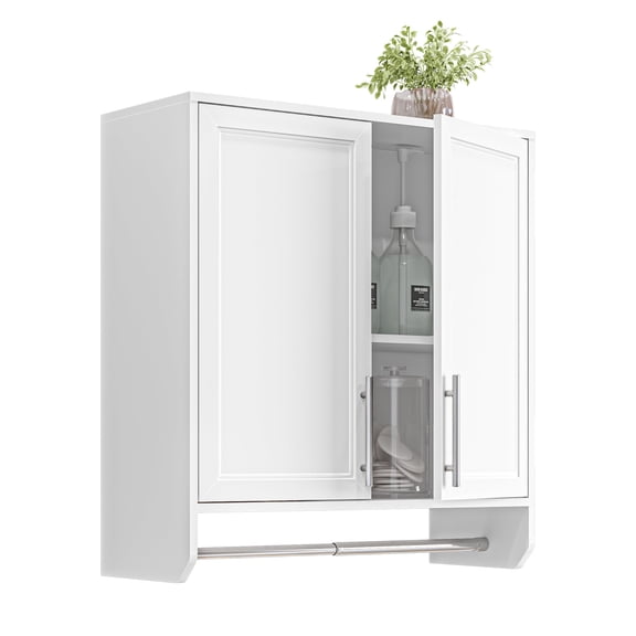 29.5" Wall Cabinet with Towel Bar and Adjustable Shelf, Laundry Room Cabinets Wall Mounted, Bathroom Wall Cabinet, Shaker Door, White