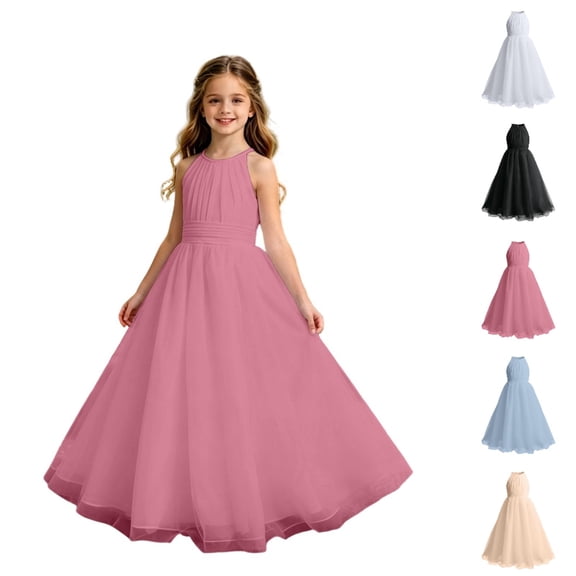 HJYCHN Dresses for Girls Halter Neck Mesh Maxi Gown with Ruched Bodice and Flowing Skirt for Kids Dress 2-3 Years