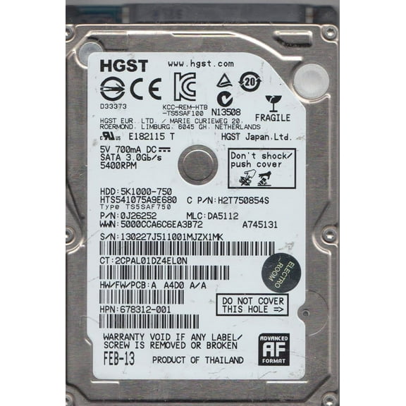 HTS541075A9E680, PN 0J26252, MLC DA5112, Hitachi 750GB SATA 2.5 Hard Drive