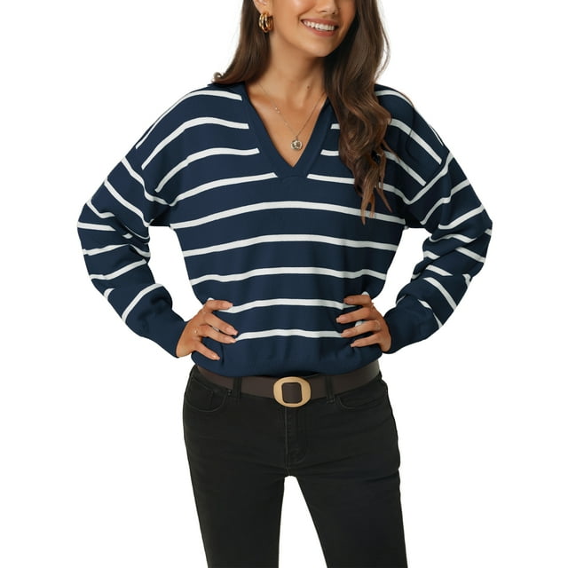 INSPIRE CHIC Chandail Rayé d'Automne Hiver pour Femmes Polo Col en V Bloc de Couleur Manches Longues Tricoté Décontracté Bleu Marine