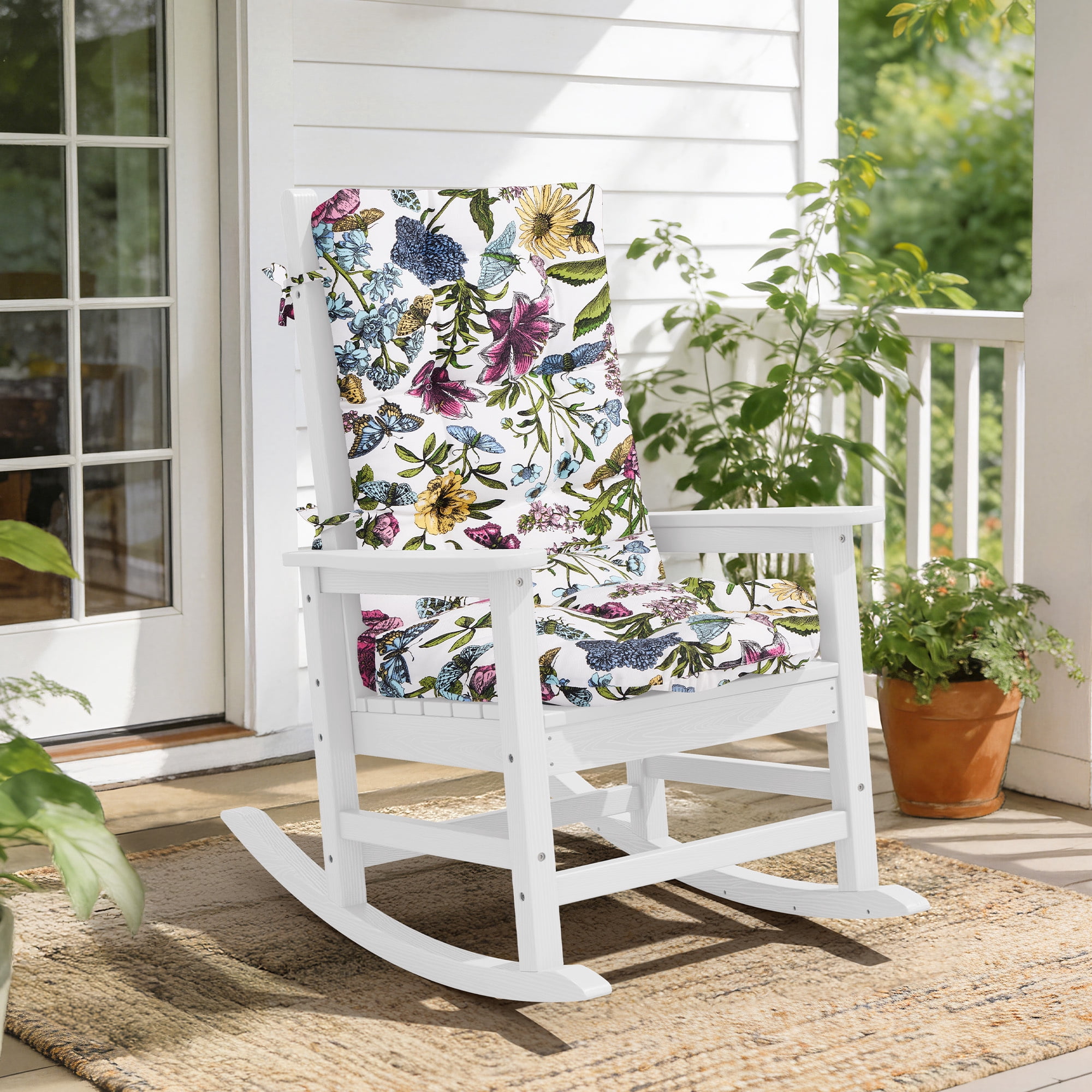 FUNDAZE Outdoor Chair Cushion, 47"L x 19.9"W 1 Piece Cushion W/ Ties for Indoor Outdoor Rocker Chairs, Flower