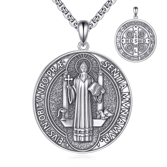 925 Sterling Silver St Benedict Necklace Saint Benedict Medal Religion Cross Jewelry for Men