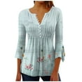 thumbnail image 1 of Pompotops Women's Casual Trumpet 3/4 Sleeve Printed Buttoned Basic Ruched Tops Pleated T-shirts Blouses On Sale, 1 of 5