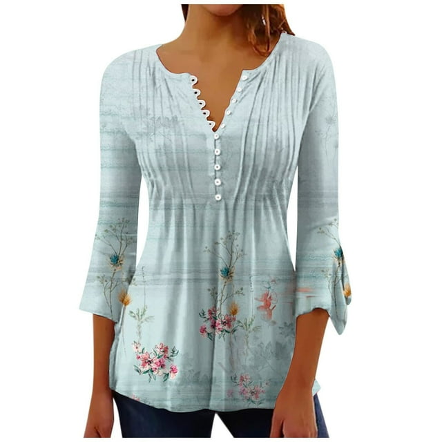 Pompotops Women's Casual Trumpet 3/4 Sleeve Printed Buttoned Basic Ruched Tops Pleated T-shirts Blouses On Sale