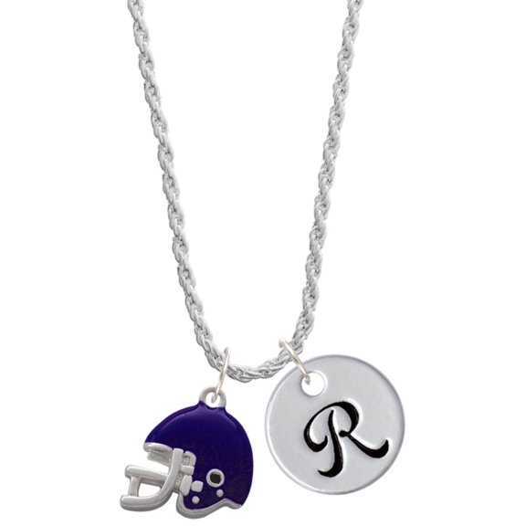 Delight Jewelry Silvertone Small Purple Football Helmet Silvertone Script Initial Disc - R - Charm Necklace, 20" 3"