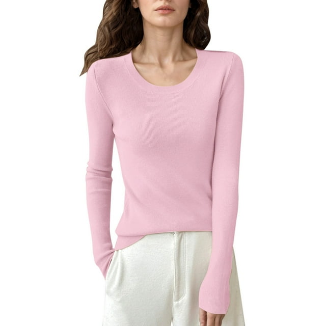 GPOECD Womens Sweaters Autumn and Winter Round Neck Pullover Solid Color Slim Fit Thin Knitted Base Layer Undershirt Pink,XL