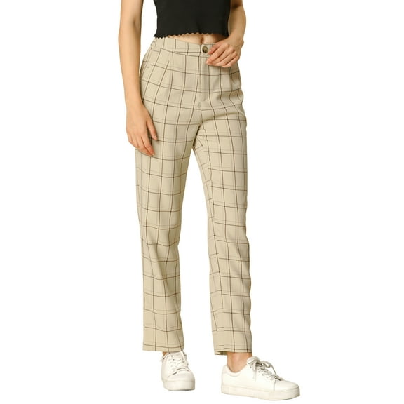DARING DIVA Women's Plaid Trousers Pockets Straight Leg Casual Pant XS Khaki