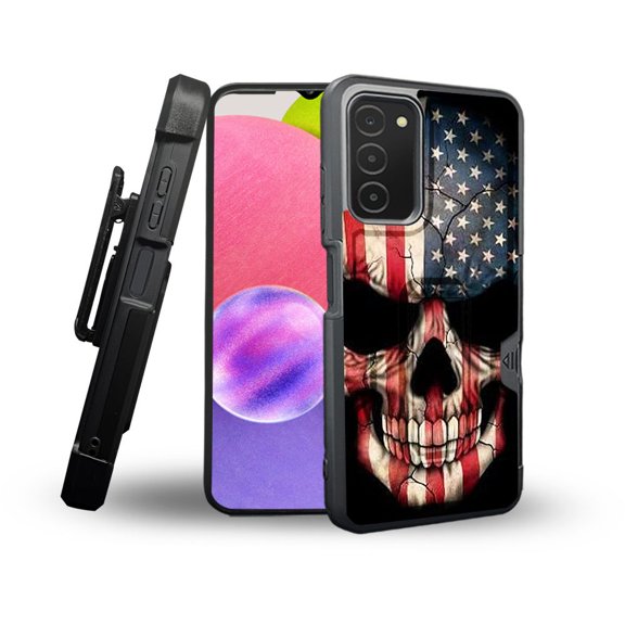 ANJ  Rugged Shockproof Holster Case Card Slot Kickstand   Tempered Glass Cover for Samsung Galaxy A03s - American Skullcap