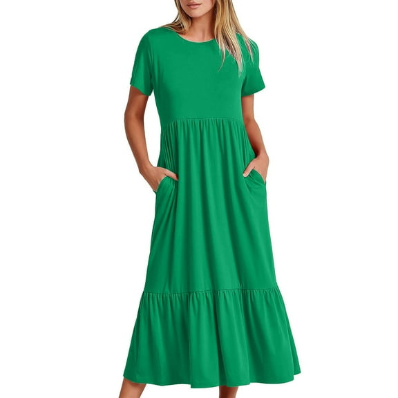 IROINNID Formal Dress for Women Wedding Guest Evening Night Party Dress Trendy Summer Short Sleeve Crewneck Dress Flowy Tiered Maxi Beach Dress,Green