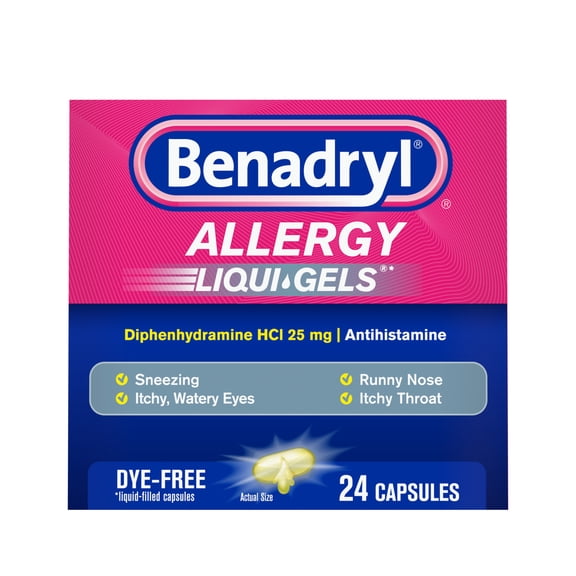 Benadryl Liqui-Gels Allergy Medicine, Diphenhydramine, Dye Free, 24 Count