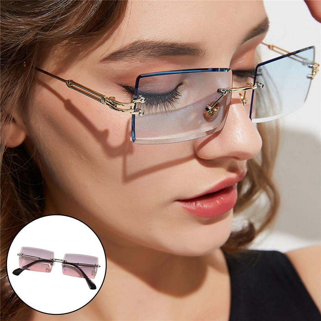 Óculos de sol retangulares sem aro feminino masculino moda óculos de lentes  protetoras UV400 sem aro(S2 Grey/Pink)