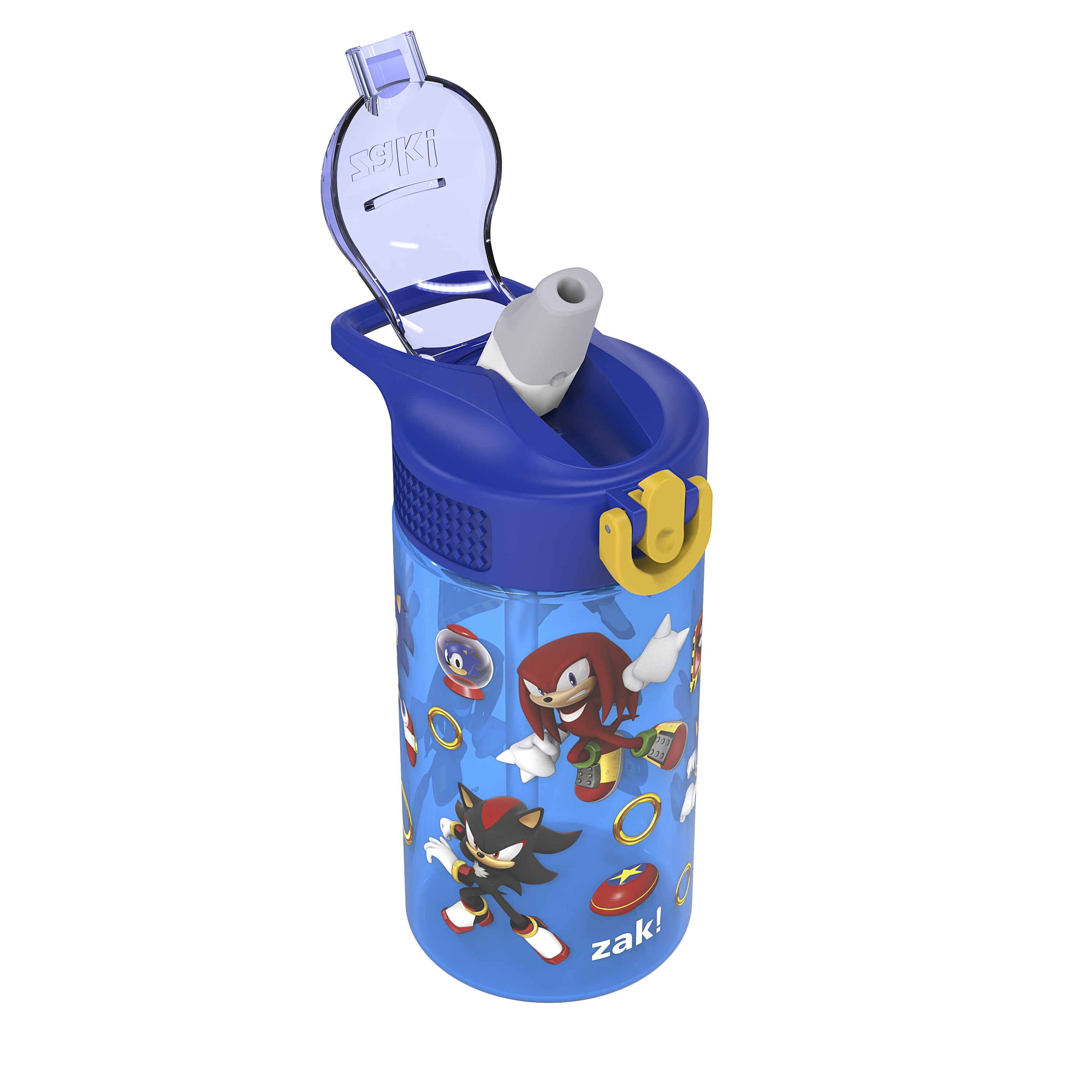 (6 pack) Zak Designs 16oz Sonic Kids Straw Water Bottle, Durable Plastic Park Bottle with Easy-Open Locking Spout Cover for Travel, Built in Carry Handle