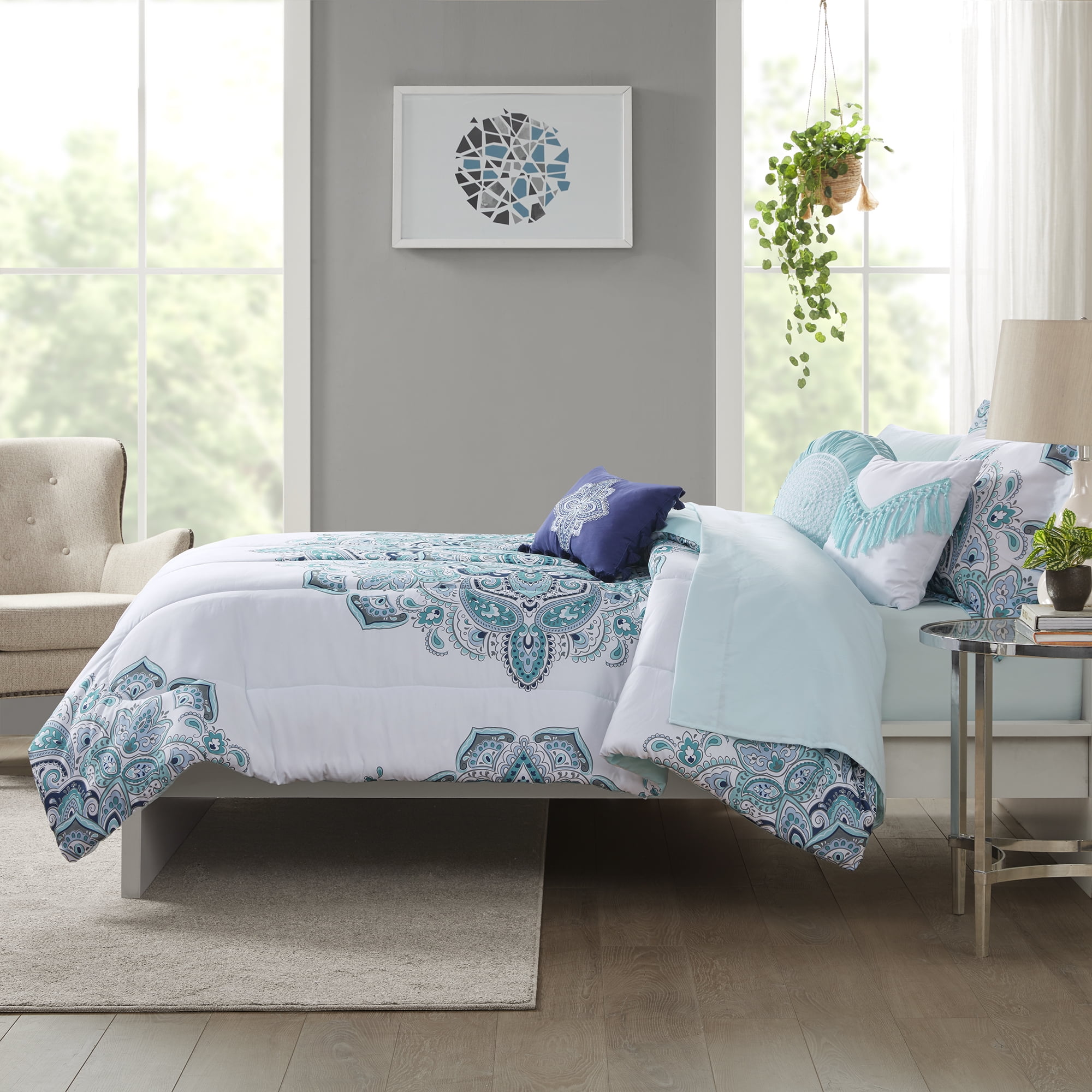 Mainstays 10-Piece Teal Medallion Bed in a Bag, Full