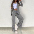 thumbnail image 4 of Skymirror 2 Pcs/Set Lady Formal Coat Pants Set Turn-down Collar Long Sleeves Jacket Loose Striped Wide Leg Slit Trousers Casual Daily Wear Commuting Outfit, 4 of 8