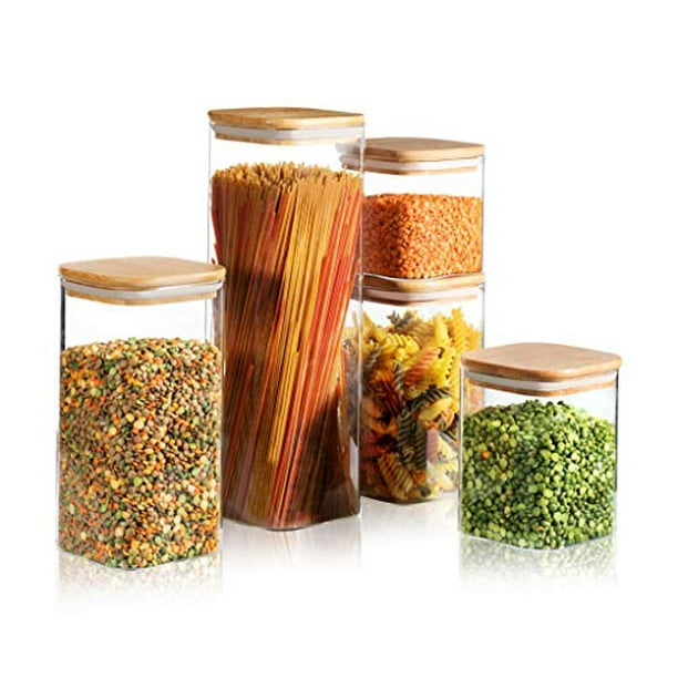 5 Square Canisters, Glass Kitchen Canister with Airtight Bamboo Lid, Glass Storage Jars for