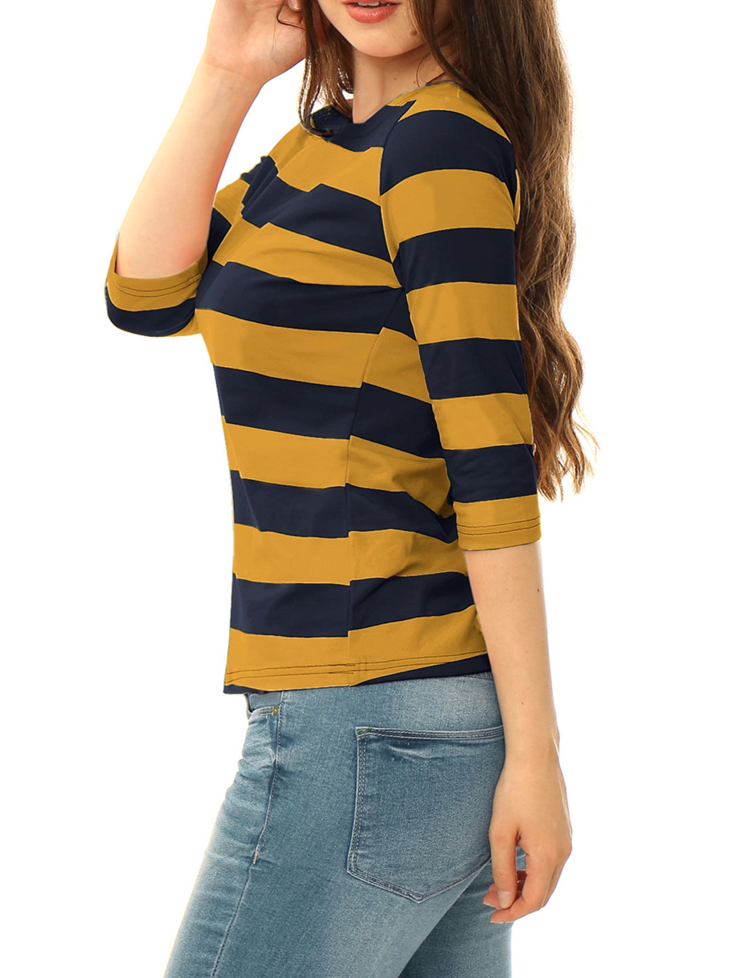 DARING DIVA Women's Halloween Costume Boat Neck Top T-Shirts M Mustard Navy