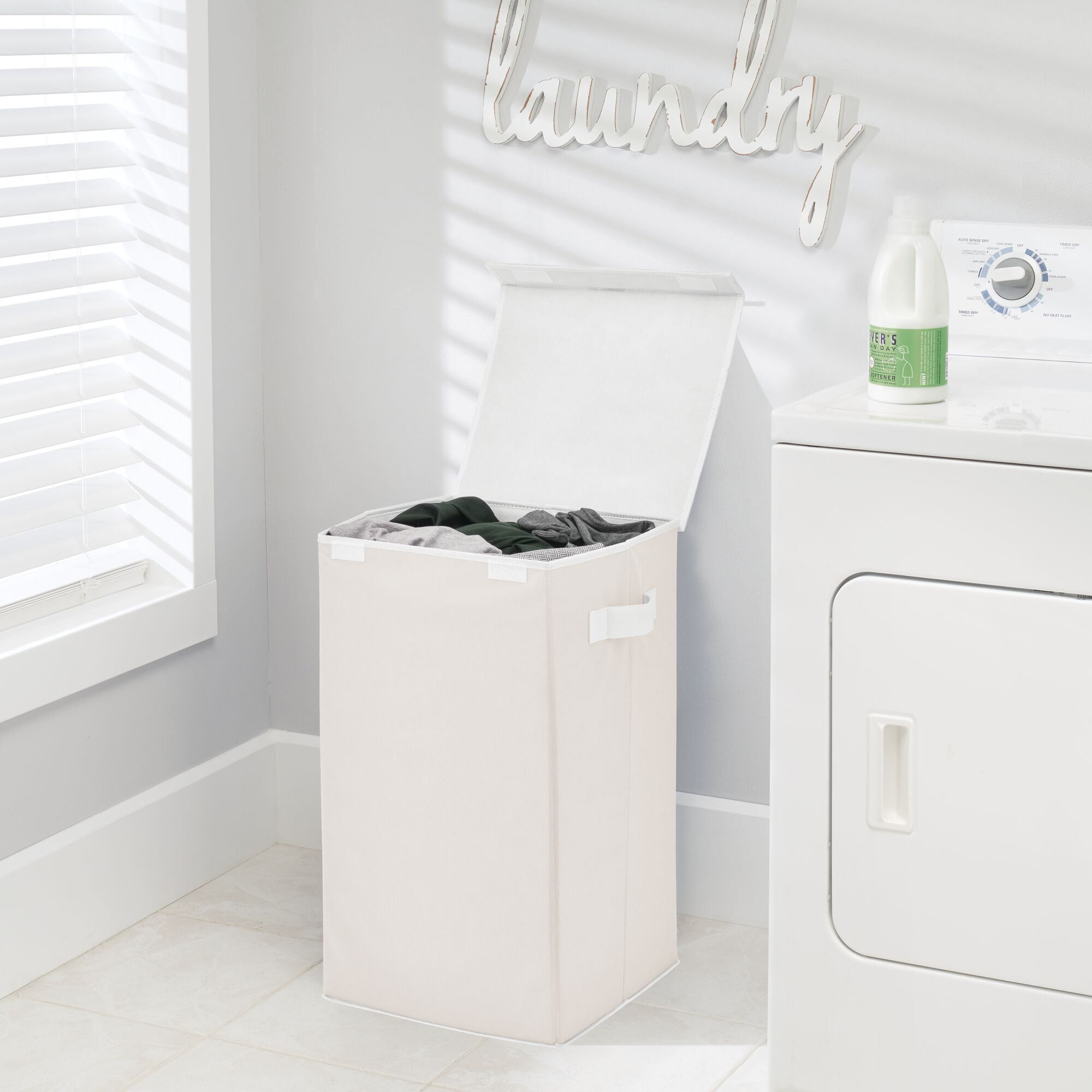 mDesign Large Upright Laundry Hamper, Hinge Lid, Attached Handles - Cream/White