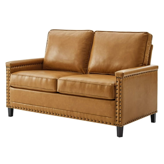 Loveseat Sofa, Faux Vegan Leather, Tan, Modern Contemporary Urban Design, Living Lounge Room Hotel Lobby Hospitality