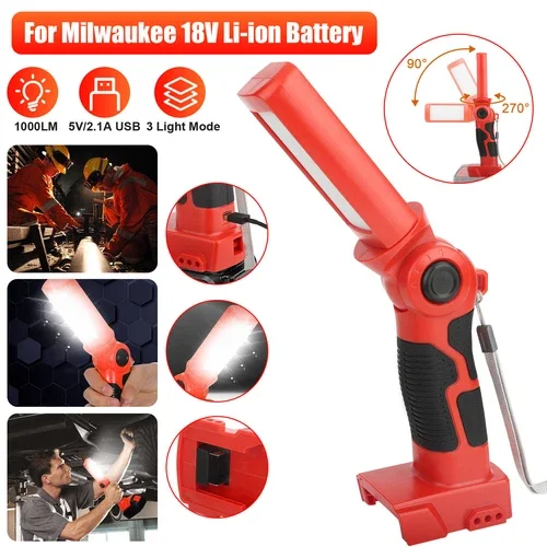 12W Flashlight LED Cordless Handheld Work Light For Milwaukee 18V Li-ion Battery