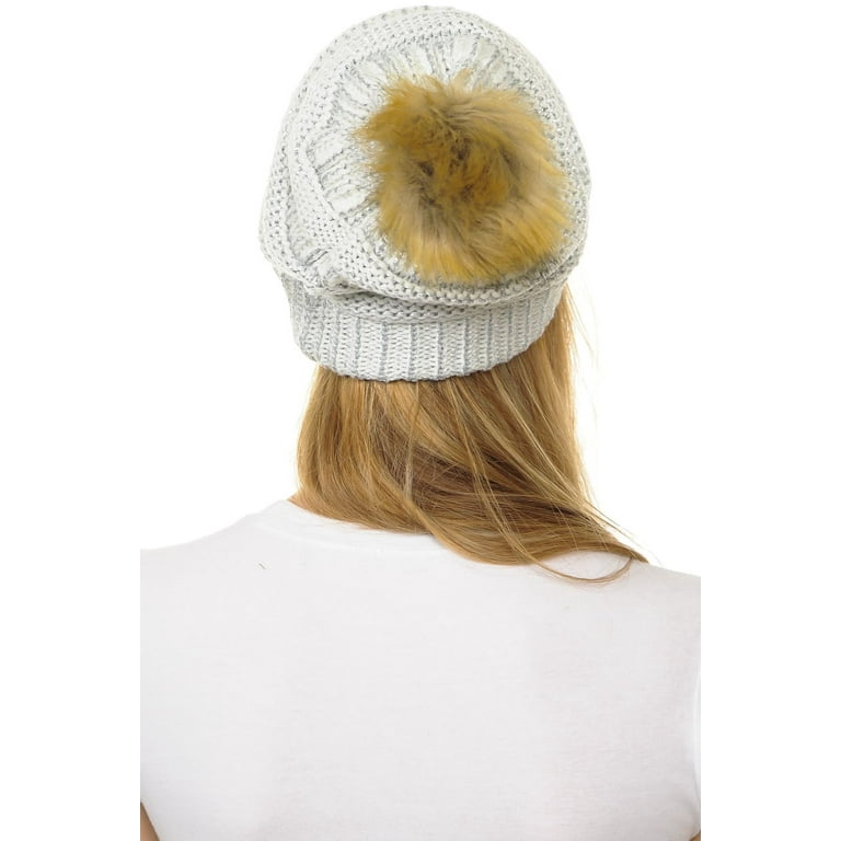 Silver Metallic Knit Faux Fur Pom Hat