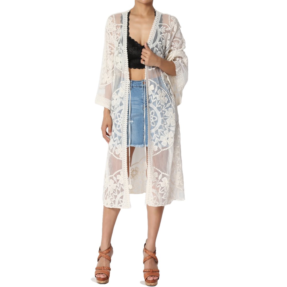TheMogan TheMogan Women's Embroidered Sheer Mesh Lace Duster Cardigan