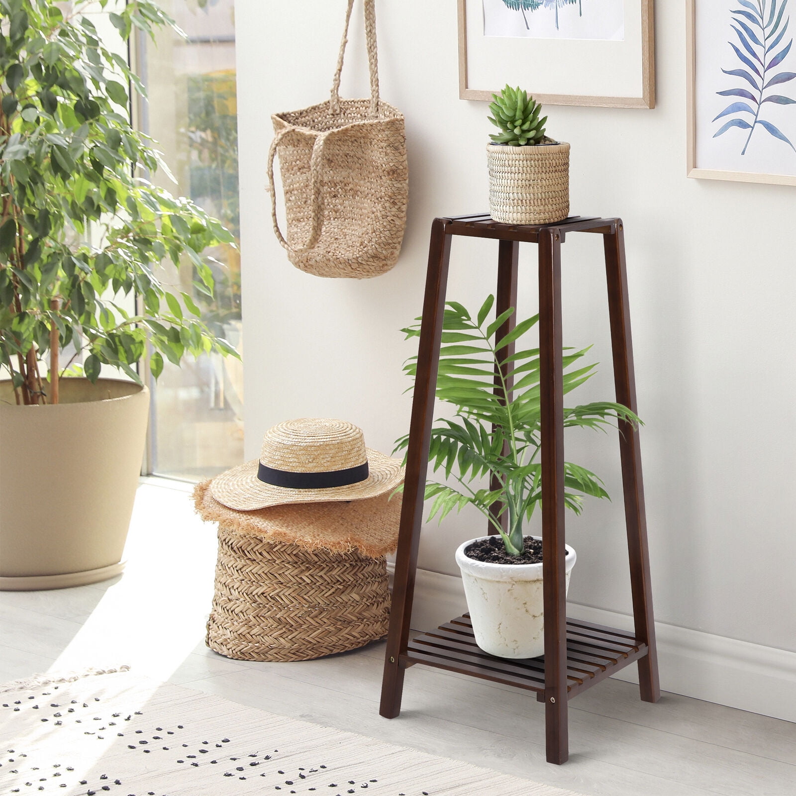 2Tier Bamboo Plants Stand Tall Plants Holder Pot Corner Stand Brown Flower Rack