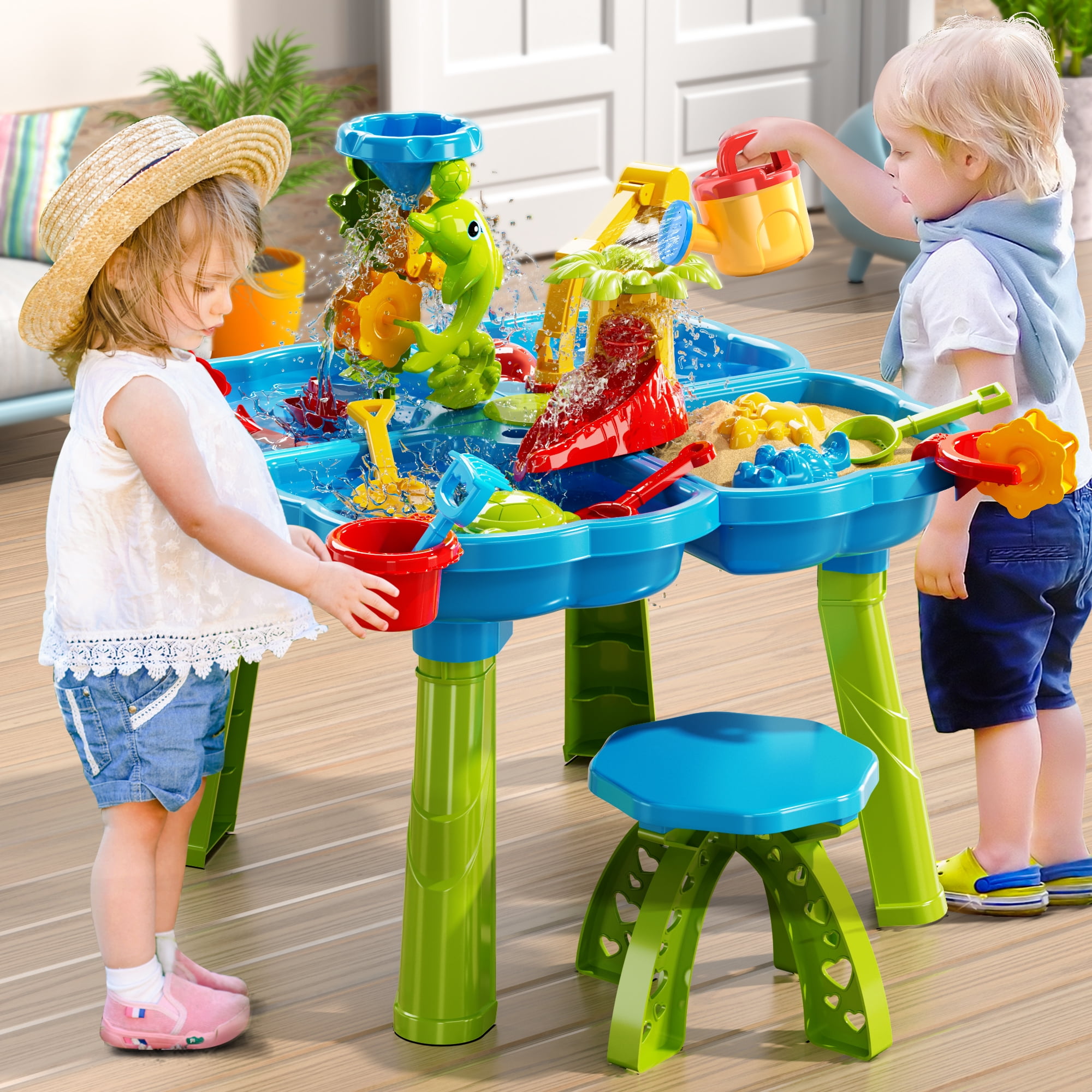Smart Chef 4-in-1 Kids Sand Water Table for Toddlers 3-5, 32PCS Sandbox Table Kids Activity Sensory Play Table Summer Outdoor Toys for Toddler Boys Girls