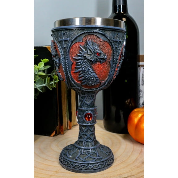 Ebros Celtic Knotwork Tattoo Dragon Wine Drink Chalice Figurine 8oz W/ Red Gems