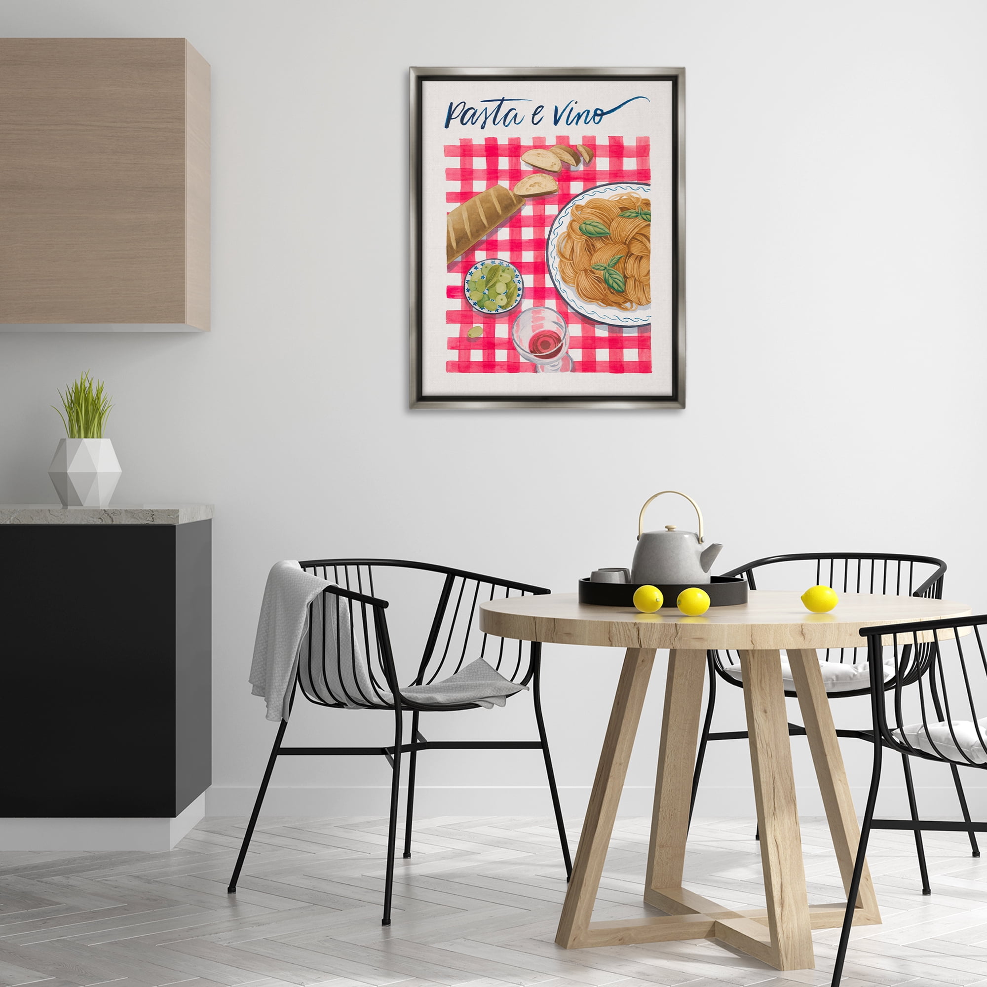 Stupell Industries Pasta & Wine on Tartan Food & Beverage Painting Gray Floater Framed Canvas Art Print Wall Art, 25 x 31