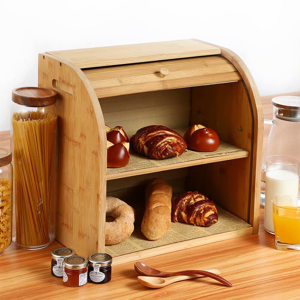 Bread Box, G.a HOMEFAVOR 2 Layer Bamboo Bread Boxes for Kitchen Food Storage, Large Bread Storage Box, with Roll-Top Cover and Cutting Board (Self-Assembly) - image 3 of 10