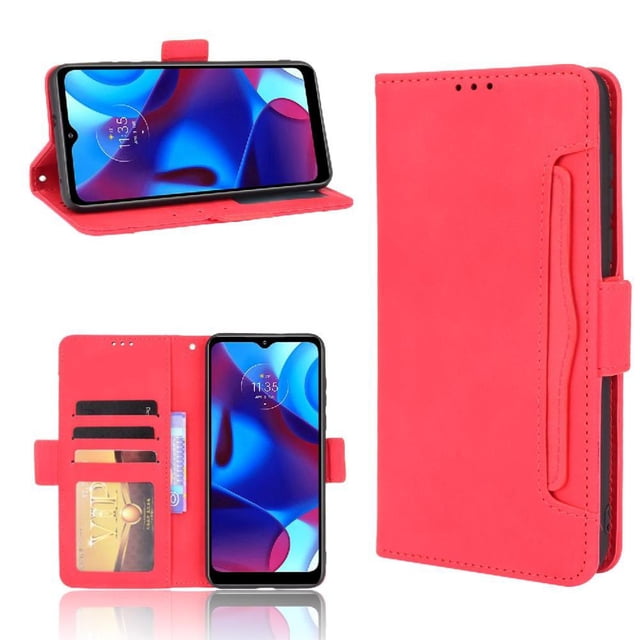 funda tipo billetera gangxun para motorola moto g pure – tapa flip con tarjetero azul. Vista compuesta: funda abierta en modo soporte horizontal para ver videos, interior con 3 ranuras para tarjetas y bolsillo para billetes, y tapa cerrada con cierre magnético y borde TPU visible.