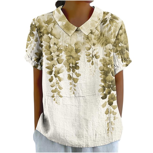Birdeem Blouses pour Femmes T-Shirt Décontracté Imprimé Mode Manches Courtes Col Poupée Mignon Coton et Lin Blouse