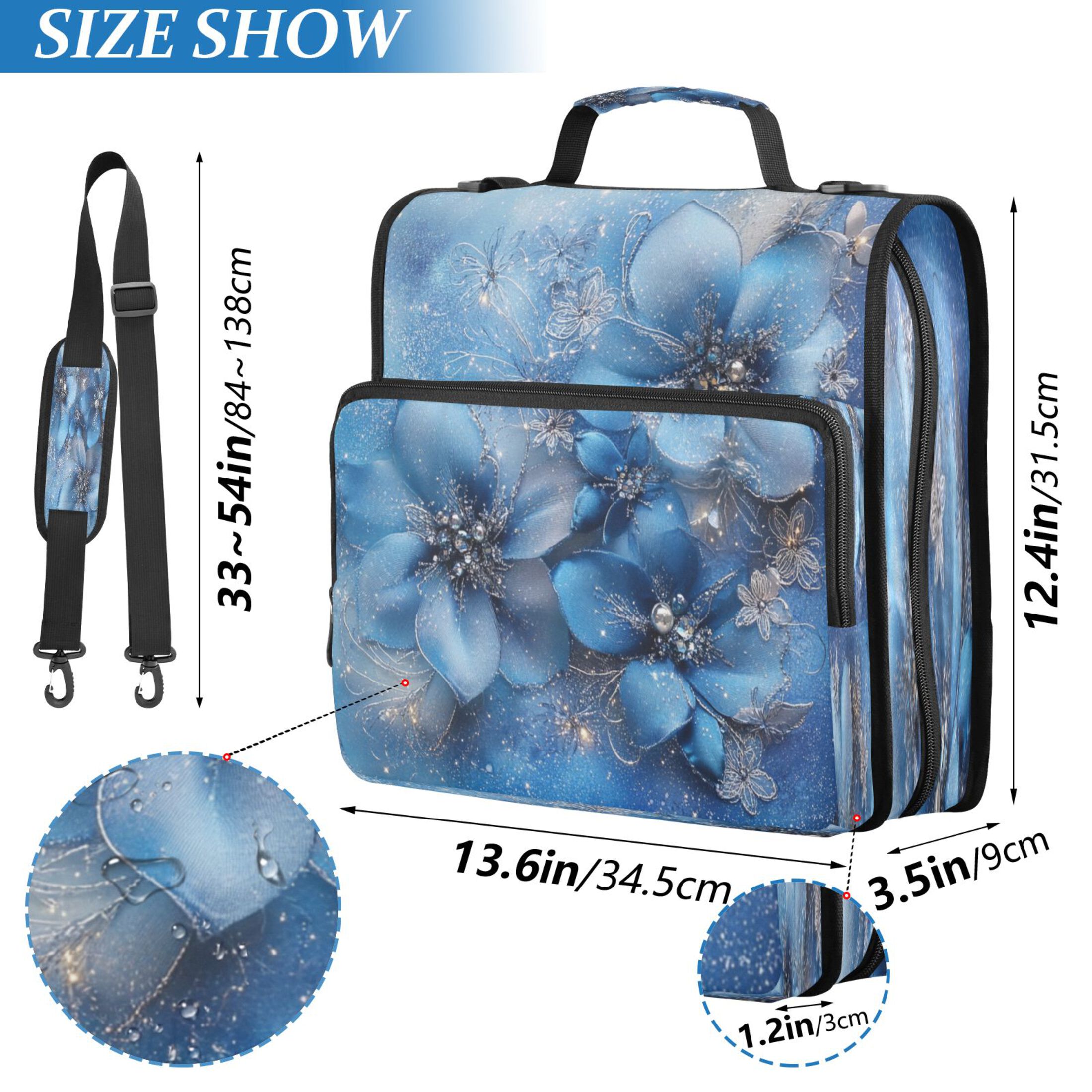 Water-Resistant 3-Ring Binder Organizer with Multiple Pockets Zipper Binder Bag for Office Three Large Blue Flowers